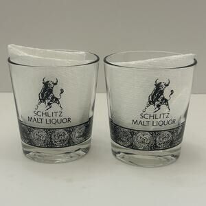 2 Schlitz Malt Liquor Drink Glasses Tumblers Whiskey Old Fashioned Black Bull
